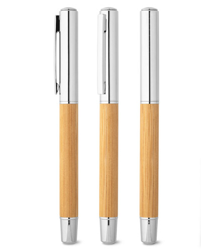 Caneta Roller em Aço Inox e Bambu Personalizada